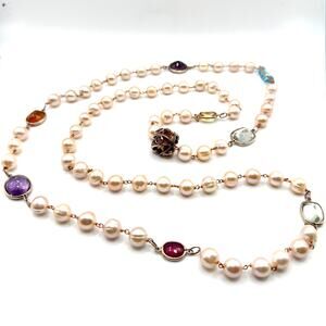 Vintage Y2K Pink Pearl Amethyst Citrine Topaz Wire Wrapped Station Necklace